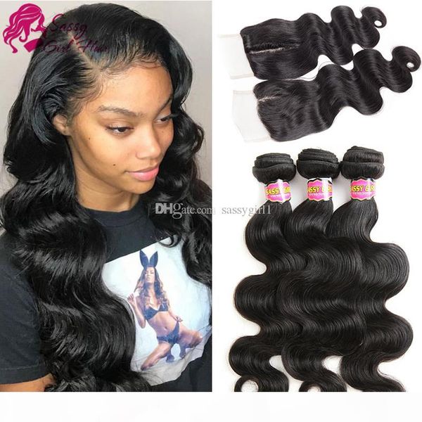 

indian virgin hair body wave closure with 3 bundle unprocessed indian body wave human hair weaving vendors products grade 8a, Black;brown