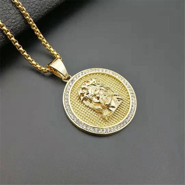 

pendant necklaces jesus head round necklace with chain gold color iced out bling cubic zircon men's hip hop jewelry for religious gift, Silver