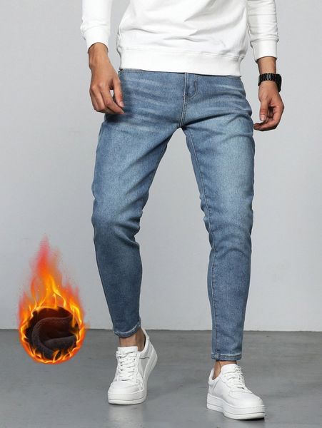 

men slant pocket thermal lined jeans l1ph#, Blue