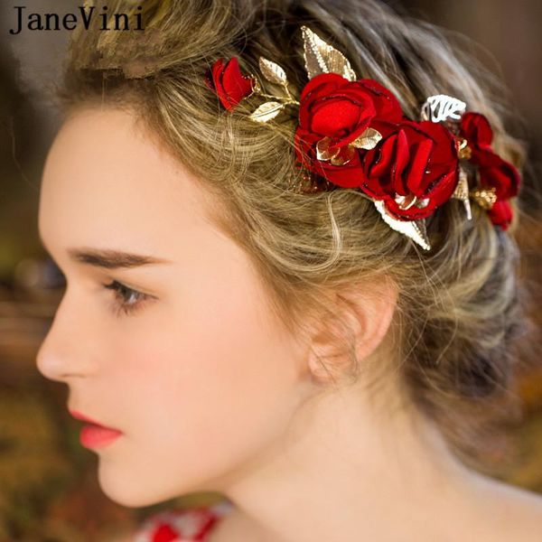 

hair clips & barrettes janevini handmade red silk flower metal leaf bridal hairpins ornaments elegant brides headdress wedding jewelry acces, Golden;silver