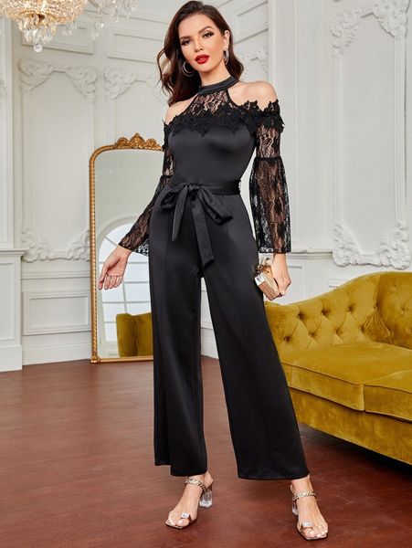 

contrast guipure lace cold shoulder belted jumpsuit z4wy#, White