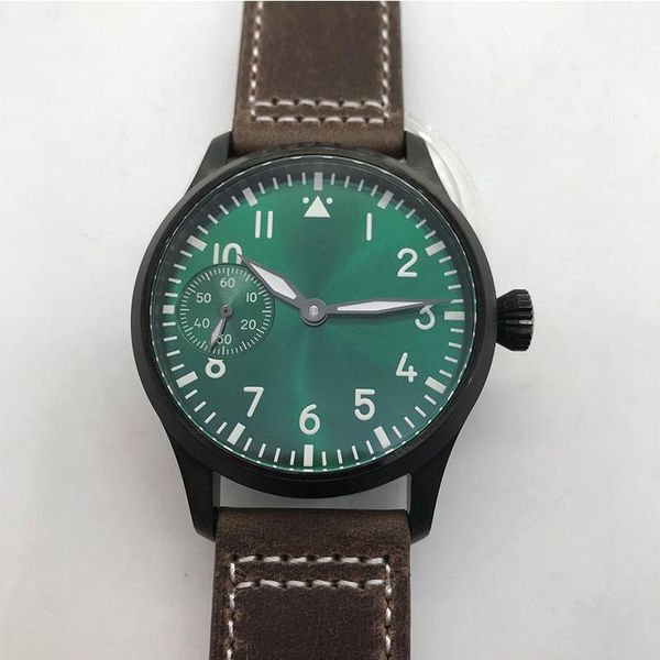 

wristwatches 42mm men hand winding watch black case sterile dial green luminous waterproof mechanical manual sapphire glass corgeut, Slivery;brown