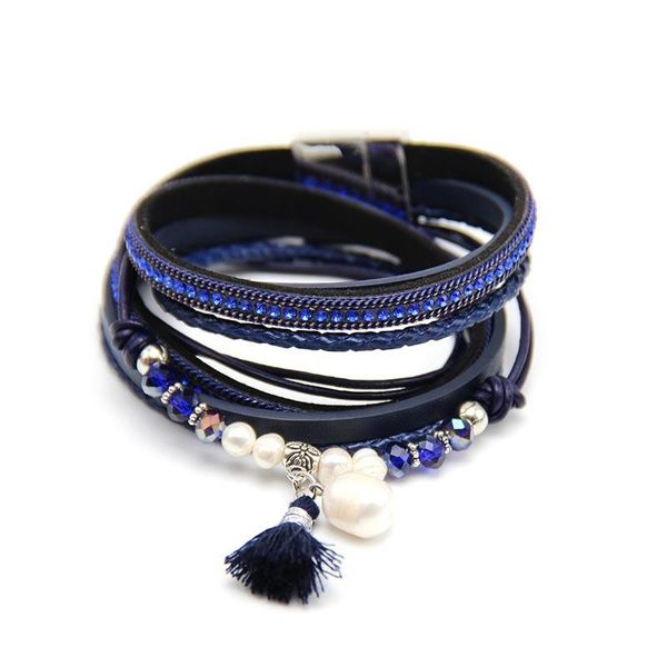 

charm bracelets european and american original geometry advanced sense freshwater pearl crystal leather magnetic tassel bracelet, Golden;silver