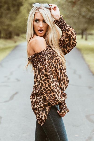 

women's blouses & shirts ladies casual shirt women autumn leopard print long sleeve off shoulder, White