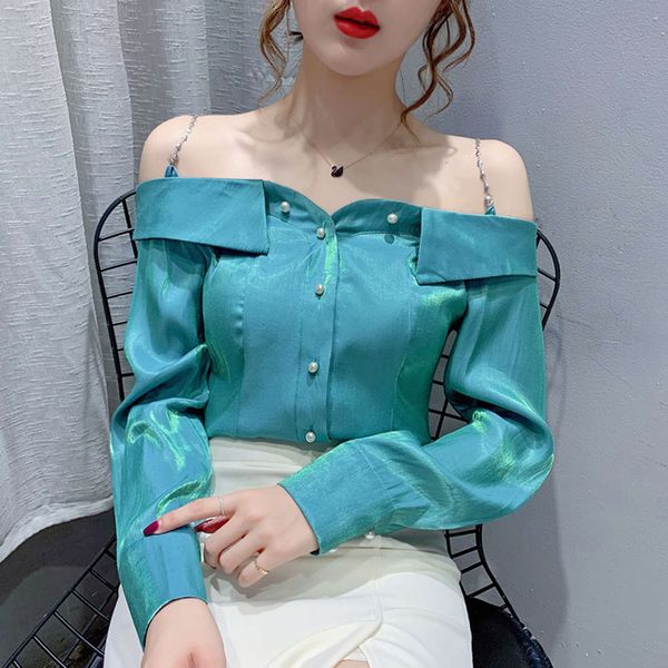 

luxury off temperament 2021 style early autumn shoulder new long sleeve chiffon shirt 2021, White