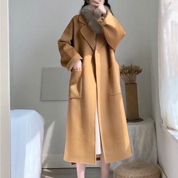 

women's wool & blends handmade women vintage winter 95% cashmere long coat jackets overcoat sashes warm cardigan outwear loose cloak wi, Black