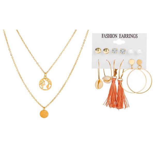 

earrings & necklace tassel map set 7-piece creative jewelry for women wholesale joyeria fina para mujer cadenas y aretes, Silver