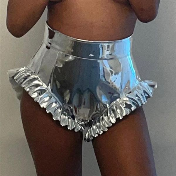 

shiny metallic summer women short high waist solid color pu leather ruffle trim pants gold silver pink, White;black