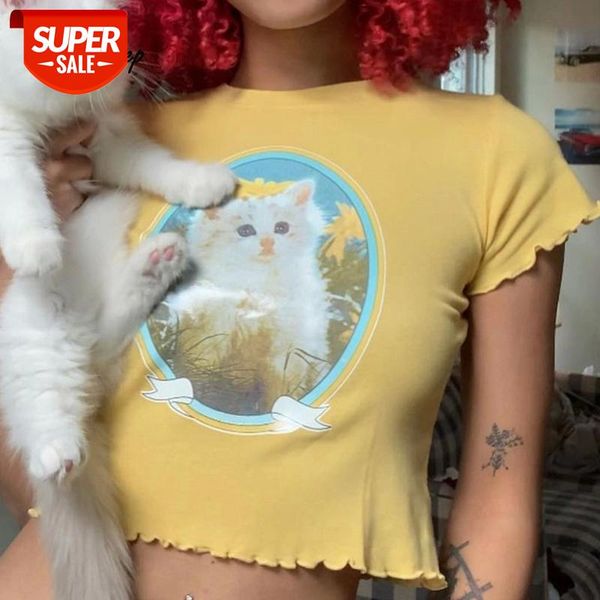 

Weekeep Cute Cat Animal Print Casual Crop Top Women Summer 2021 Short Sleeve Basic Ruffles Tshirt Vintage Outfits Tee Streetwear #f21P, White