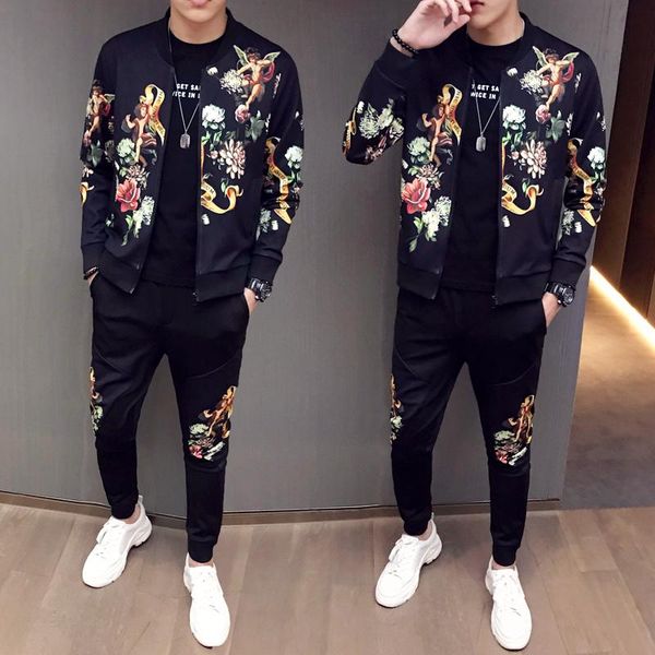 

men's tracksuits jacket + pant tracksuit set male printed plus size 5xl- 2021 autumn man sport 2 piece sets suit, Gray