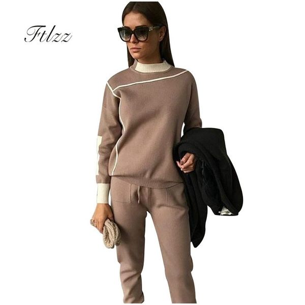 

woman tracksuits autumn fashion turtleneck sweater + slim pants knitted suits ladies stripe two piece set twinset 2 pcs 210525, White