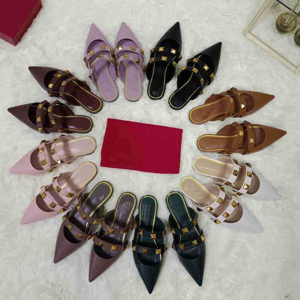 

2021 new spring and summer confortable fashion women pointed flat heel slippers rivet leather flat mules with box, Black