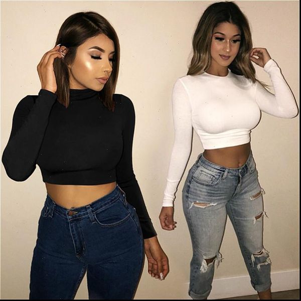 

2021 new women long sleeve solid slim short shirts autumn crew neck bodycon crop skinny female blouse clubwear, White