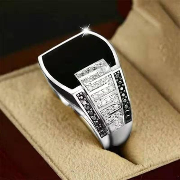 

classic male wedding ring domineering silver color black white zircon engagement ring promise anniversary gift jewelry, Slivery;golden