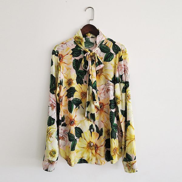

220 2021 runway shirts spring summer shirts crew new silk yellow flora print brand same style shirts yy, White