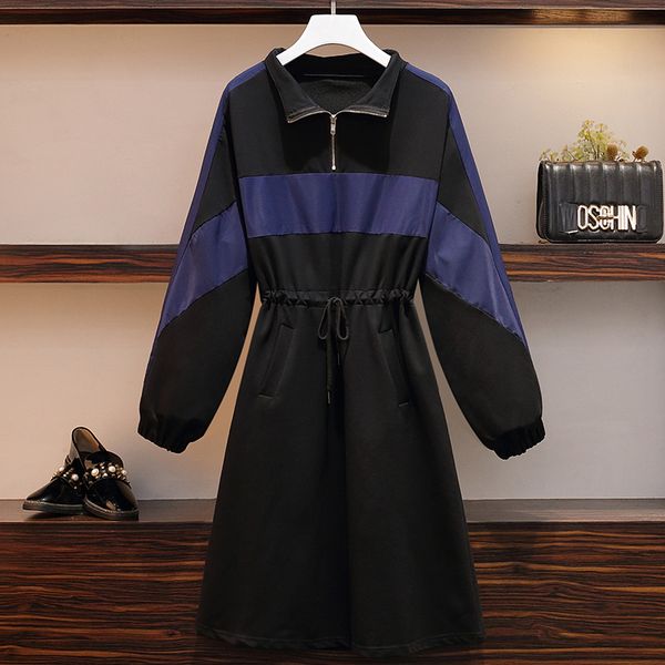 

plus size female cotton sport 2021 long sleeve stripe contrast dress casual sweatershirt knee tightness dressess collar 9e83, Black;gray