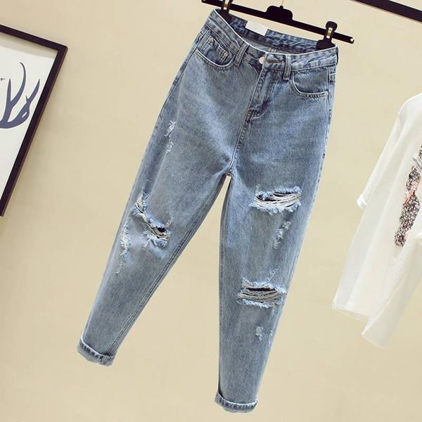 

women's jeans 2021 autumn winter women fashion casual denim pants boyfriend hole ripped for high waist, Blue