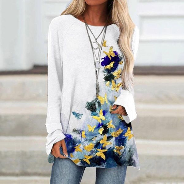 

women's blouses & shirts 40# women vintage butterfly print and long sleeve o neck loose blouse casual autumn harajuku, White