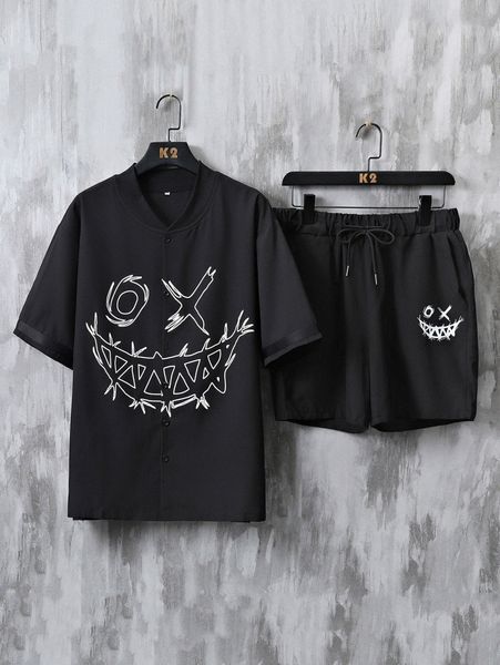 

men cartoon graphic shirt & drawstring waist shorts y2dy#, Gray