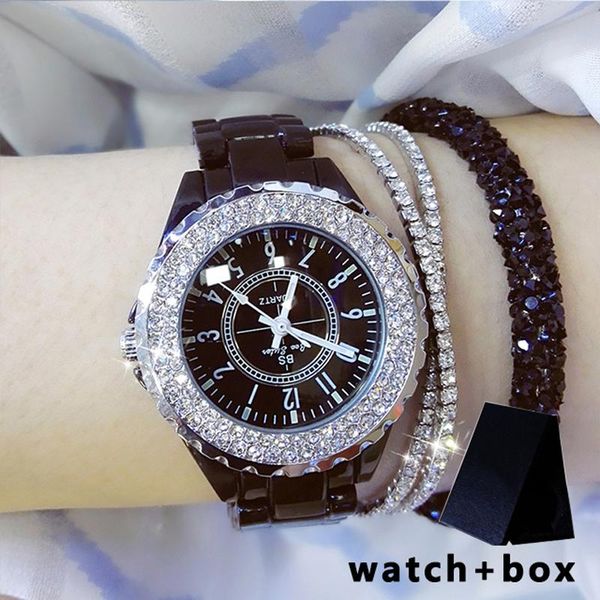 

wristwatches bs black ceramic watches women watch 2022 rhinestone dress ladies wristwatch elegant wrist with box, Slivery;brown
