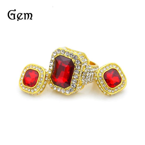 

alloy hip hop diamond set men's red ring with earrings, Silver