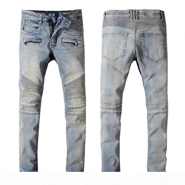 

new mens distressed ripped biker jeans slim fit motorcycle biker denim for men fashion hip hop mens jeans good quality, Blue