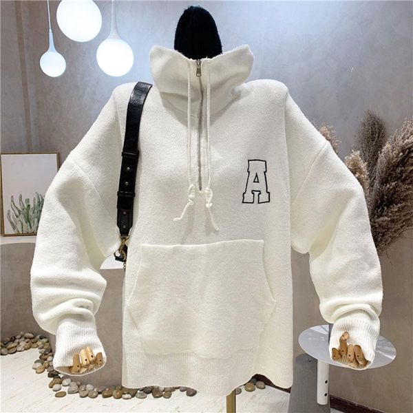 

women's sweaters [ewq] autumn winter 2021 half high collar zipper drawstring women loose big pocket knitting pullover sweater white 16r, White;black