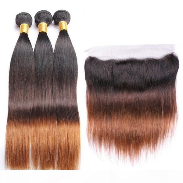 

straight malaysian human hair #1b 4 30 dark root 3tone ombre weaves with 13x4 lace frontal closure medium auburn ombre 3bundles with frontal, Black;brown