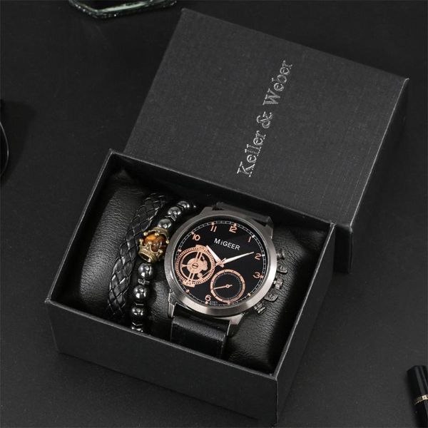 

wristwatches keller & weber watch set men 3pcs men's quartz wristwatch pin buckle leather band fashion male bracelet birthday gift sets, Slivery;brown