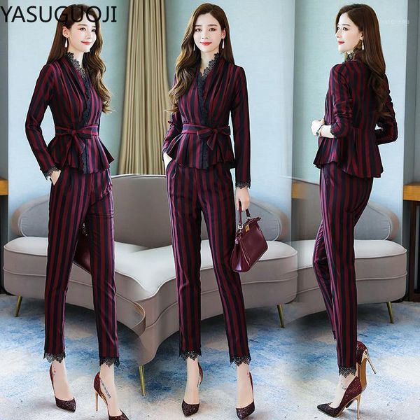 

women's suits & blazers yasuguoji 2 pieces set lace v-neck striped pant suit women office lady formal business design work wear, White;black