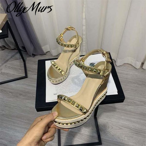 

ollymurs summer sandals high heels genuine leather shoes woman rivets wedges platform sandals zapatos mujer, Black
