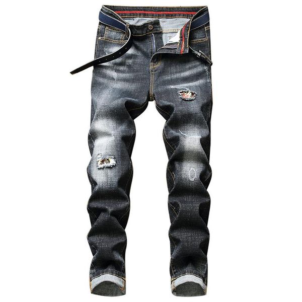 

men's black and gray ripped jeans 2021 spring new fashion regular fit straight stretch jeans male brand pants denim clothes, Blue