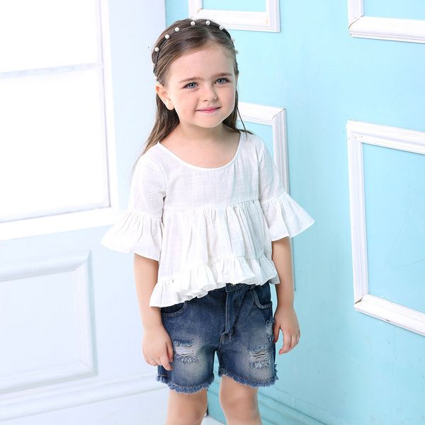 

fashion dovetail wrinkled dress + jeans girls' suit children's wear, Blue