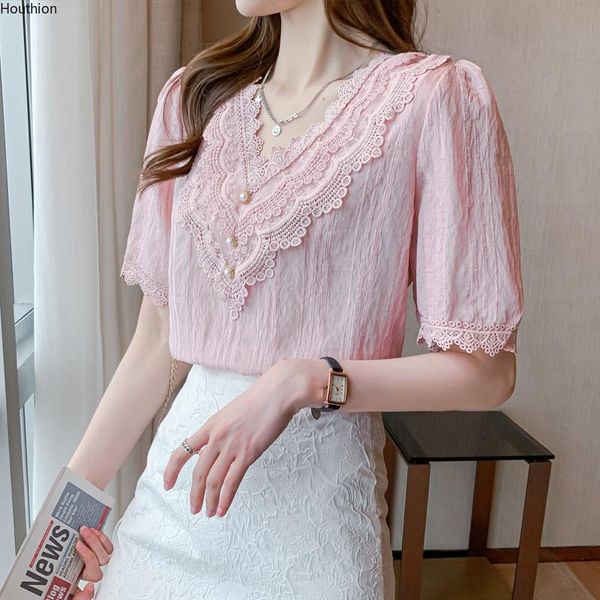 

women's blouses & shirts houthion short-sleeved blouse pure color stitching v-neck korean fashion casual chiffon shirt top, White