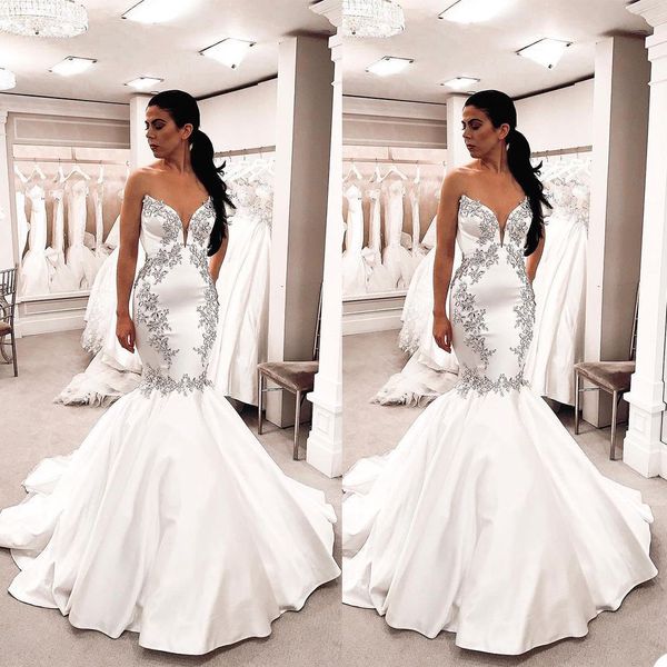 

designer mermaid wedding dresses 2021 sweetheart neckline lace applique satin floor length custom made castle wedding gown vestido de novia, White