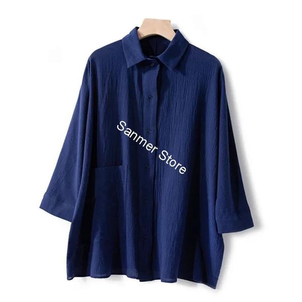 

2021 new blusa feminina nico breasted um bolso azul escuro trs quartos manga solta simples senhora camisas casuais zfn3, Black