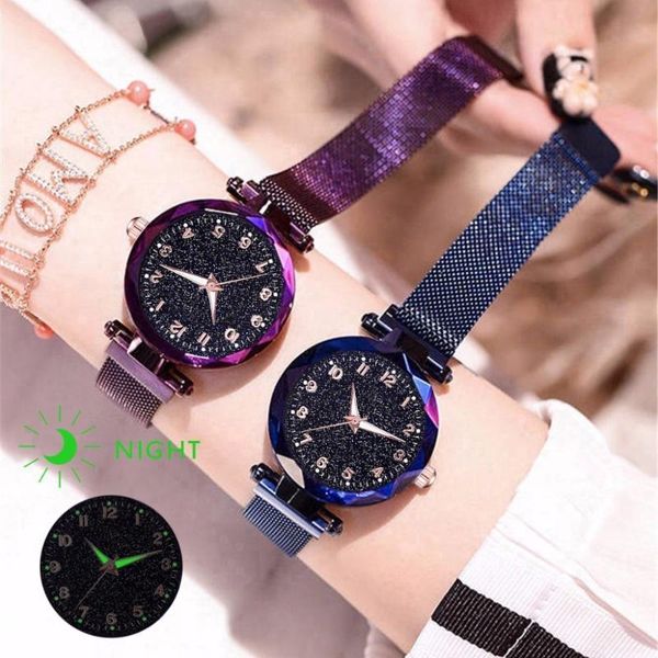 

wristwatches women magnet buckle starry sky luminous watch luxury ladies stainless steel quartz relogio feminino drop clock, Slivery;brown