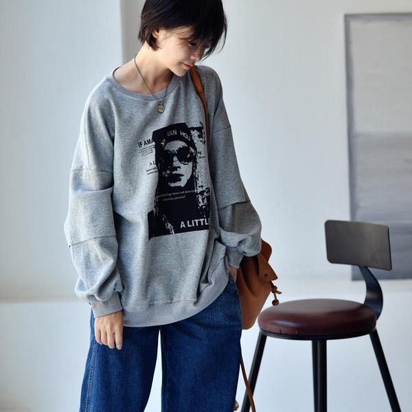 

women's hoodies & sweatshirts micoco r7355c korean fashion casual young print splicing loose set head fleece sweatshirt, Black