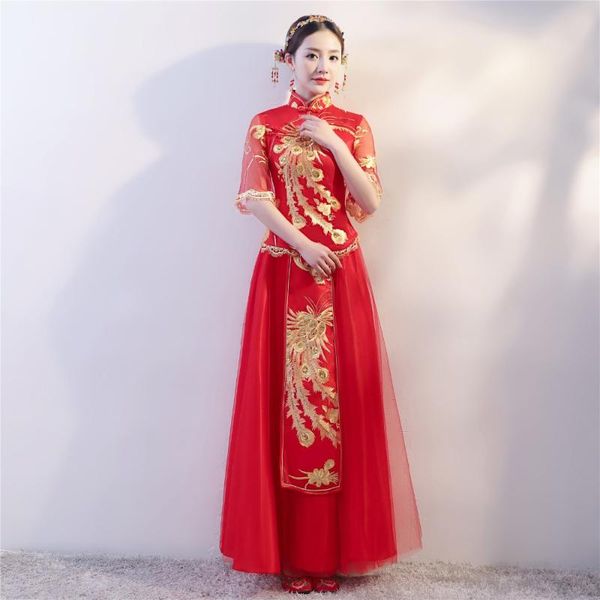 

shanghai story red qipao for women traditional dress chinese wedding dress long gold embroidery cheongsam dresses