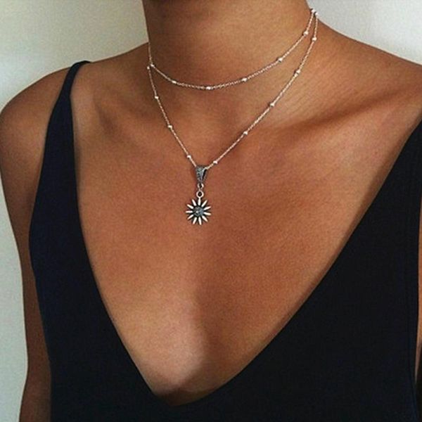 

pendant necklaces creative retro sunflower multi-layer necklace female collar fashion jewelry gifts for women's, Silver