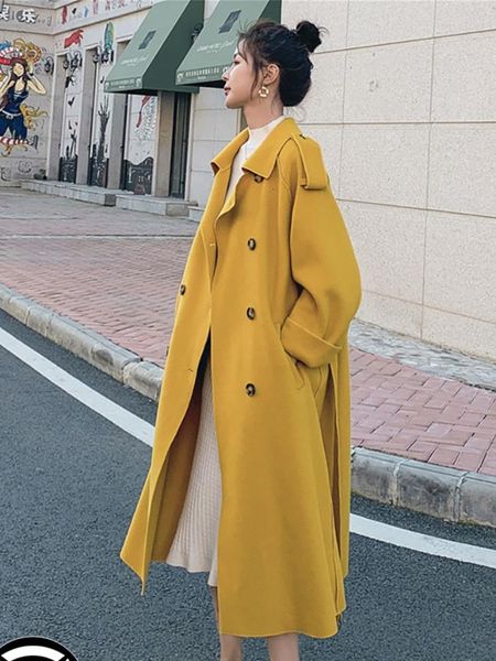 

women's trench coats commuter double-sided woolen coat for women mid-length 2021 autumn winter british double-breasted manteau femme, Tan;black