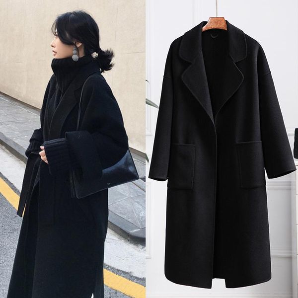 

double-faced woolen coat and cashmere coat for fall and winter women's high-end loose temperament woolen mid-length, Black