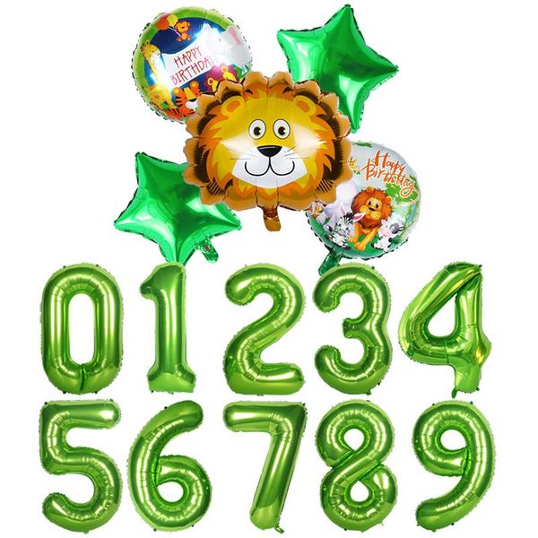 

party decoration 6pcs jungle animal lion tiger monkey shape foil balloon 0-9 40inch numbe set for children's birthday decor