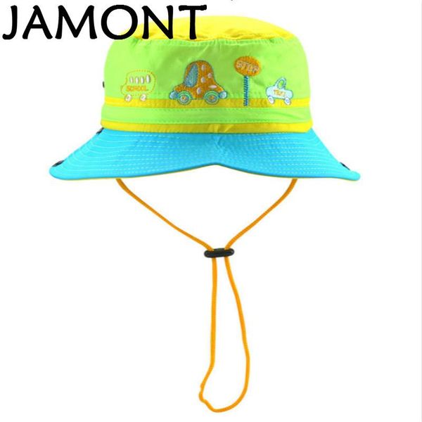 

cloches [jamont] cartoon wide brim children bucket hat with string embroidery kids fishing cap boy girl summer sun panama bone gorras