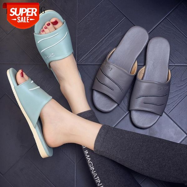 

lcizrong women home leather slippers pu leather flip flops indoor outslide fashion beach slippers female non-slip house shoes #pg2n, Black