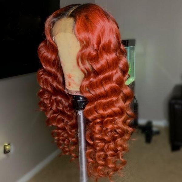 

lace wigs 13x4 front loose wave with natural hairline remy human hair ombre red color wig for women, Black;brown