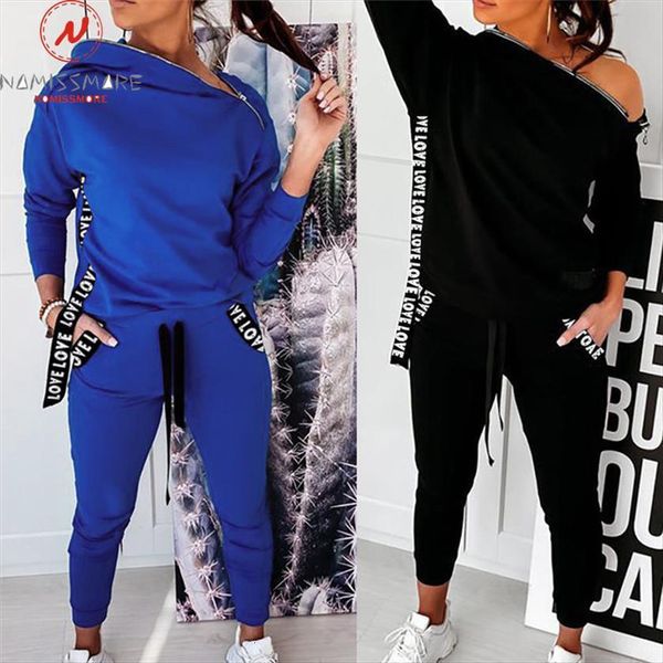 

2 piece outfit zipper pockets womenpant decor irregular collar long sleeve solid drawstring waist slim casual loose trousers, White