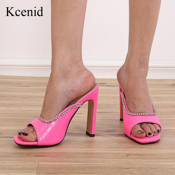 

slippers kcenid summer women fashion rhinestone crystal open toe high heels shoes square heel sandals pumps big size 35-42, Black