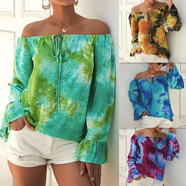 

fashion women off shoulder summer floral print casual blouse shirt slash neck flarel sleeve ladies lace up women's blouses & s, White