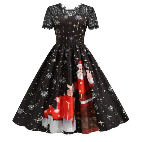

casual dresses christmas party outfits women winter dress santa claus print vintage elegant short sleeve v neck lace patchwork vestidos, Black;gray